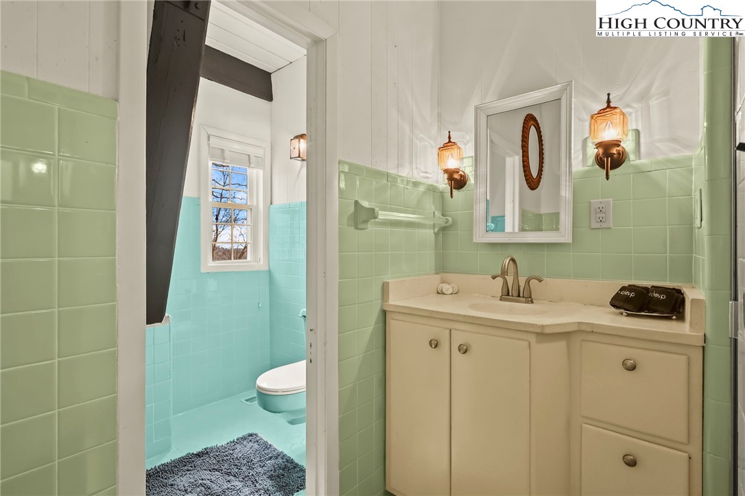 207 Pinnacle Ridge Road Beech Mountain, NC 28604 - Photo 29 of 48 a bathroom with a granite countertop sink a toilet and a mirror