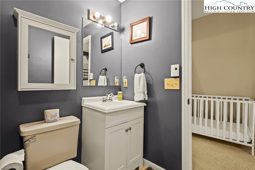207 Pinnacle Ridge Road Beech Mountain, NC 28604 - Photo 46 of 48 a bathroom with a toilet a sink and mirror