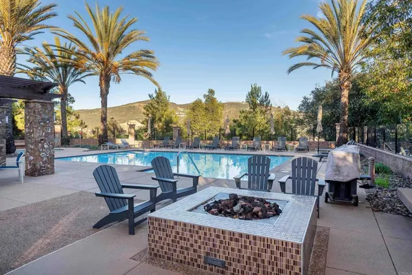 a view of swimming pool with outdoor seating and a garden
