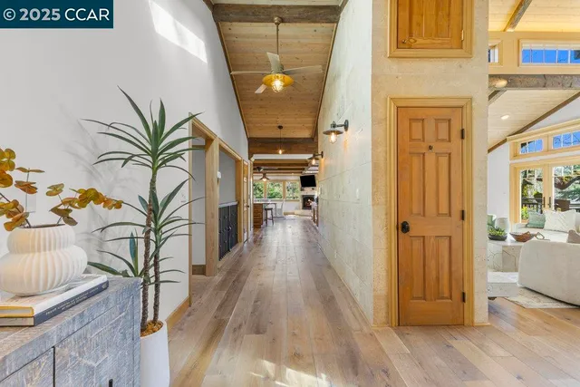 a view of a hallway with wooden floor and a potted plant