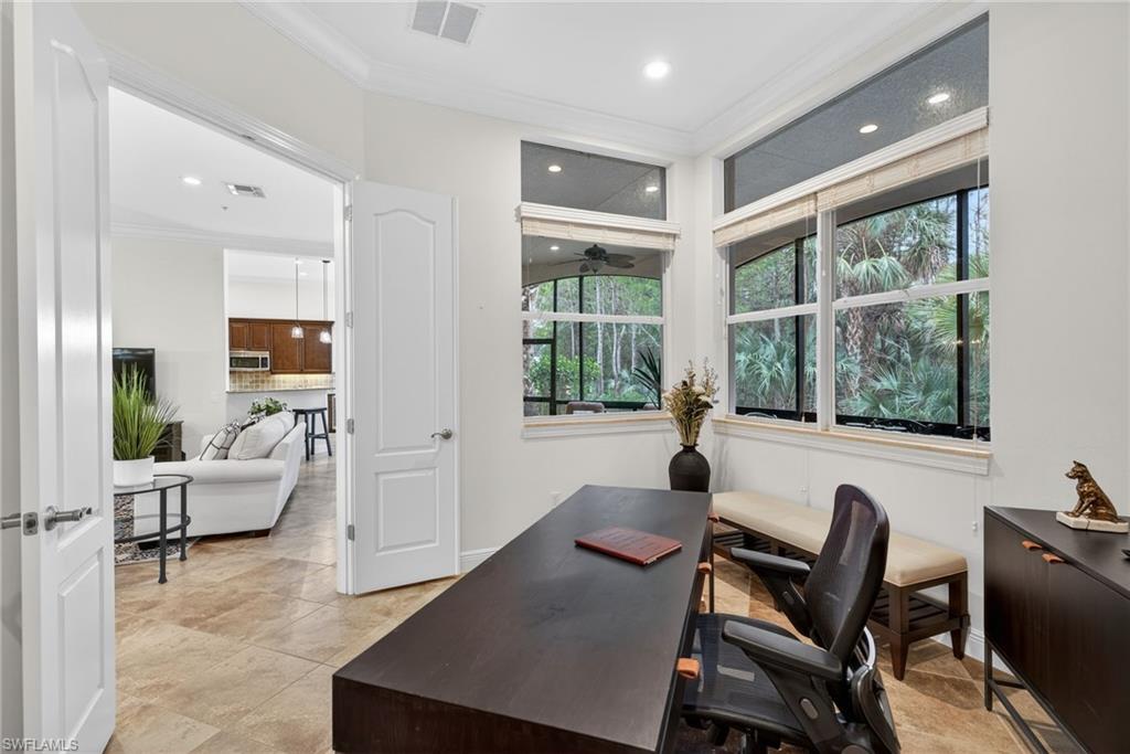 28540 Calabria Court, Unit 101 Naples, FL 34110 - Photo 14 of 41 Office area featuring crown molding, recessed lighting, and ceiling fan