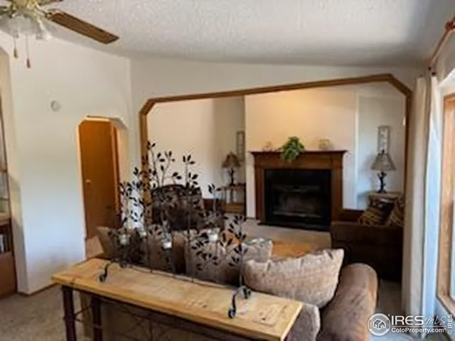 a living room with furniture a fireplace and a floor to ceiling window