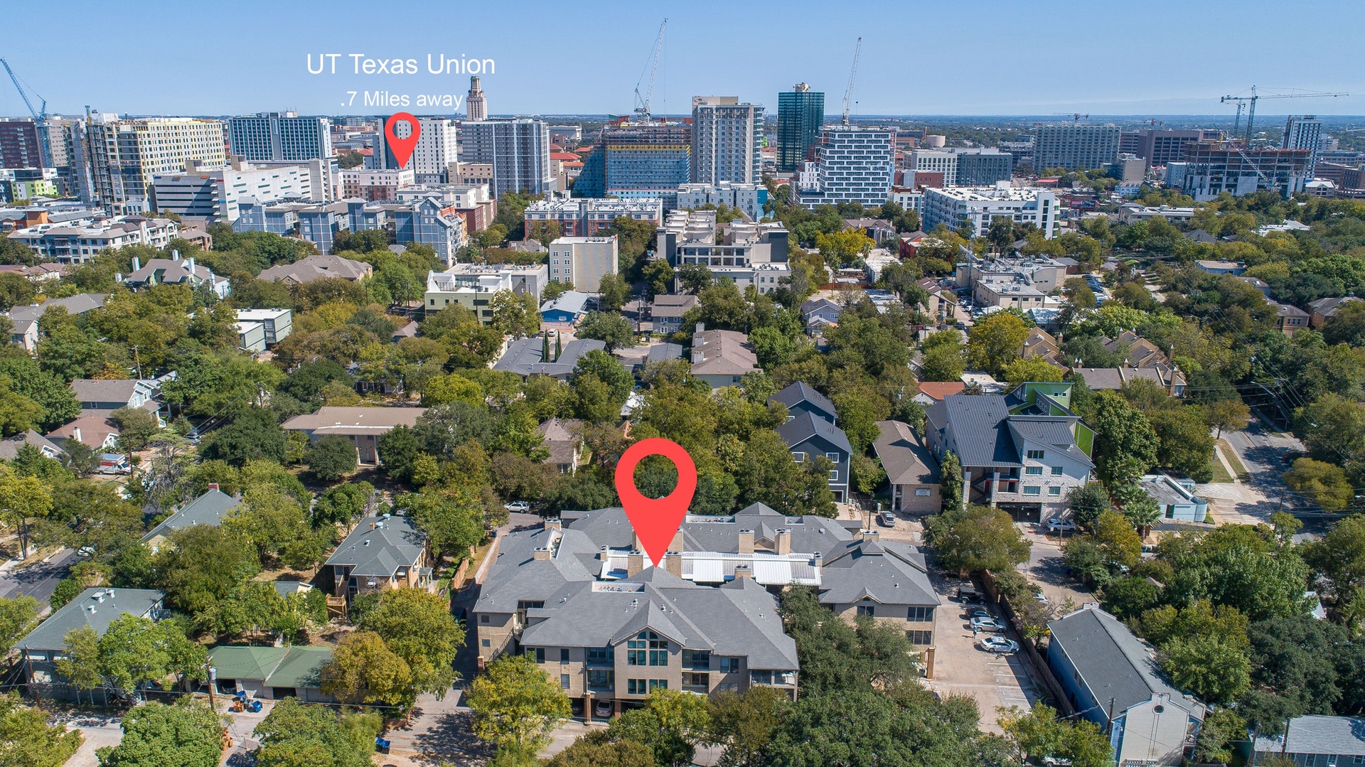 1910 Robbins Place, Unit 105 Austin, TX 78705 - Photo 28 of 30 Bird’s-eye view with UT and central Austin proximity