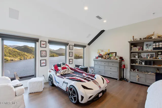 a view of a lake with a mountain in the background
