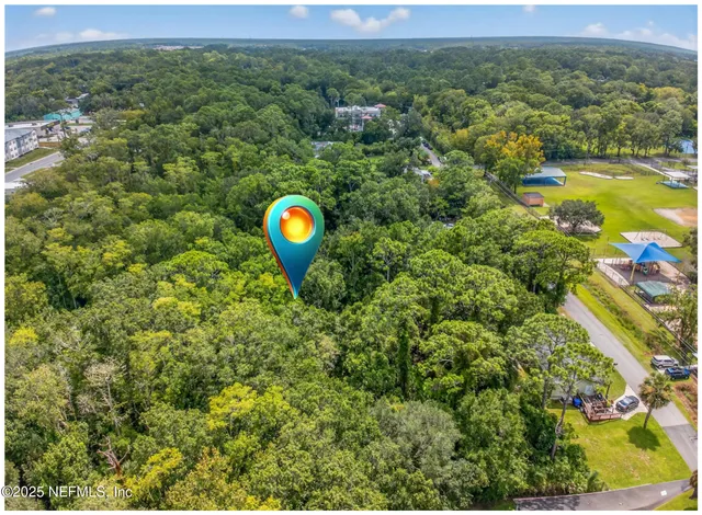 a view of a forest with a swimming pool