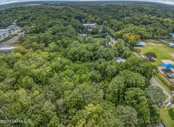 an aerial view of residential houses with outdoor space and trees