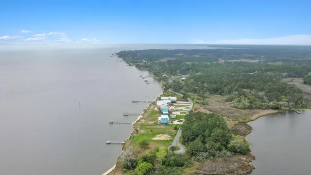 a view of a lake with a city