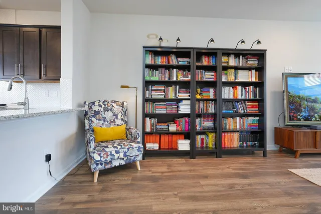 a living room with furniture and book shelf
