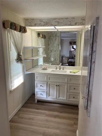 a bathroom with a sink a mirror and a shower