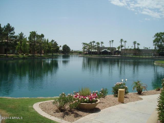 1825 West Ray Road, Unit 2055 Chandler, AZ 85224 - Photo 27 of 28 a lake view with a bench and trees in the background