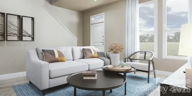 a living room with furniture a rug potted plant and a window