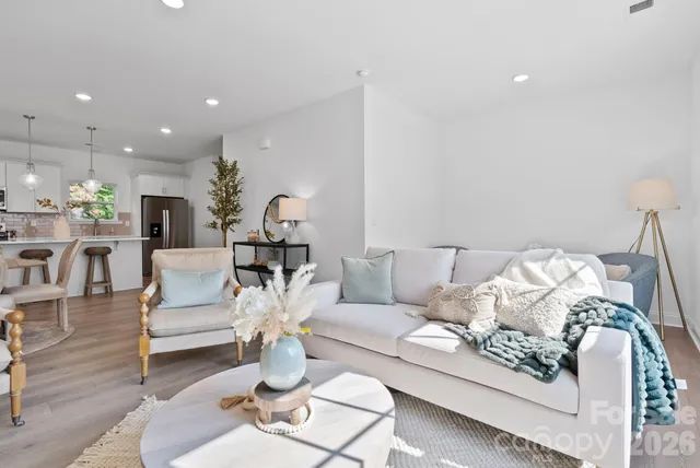 a living room with furniture flowerpot and a rug