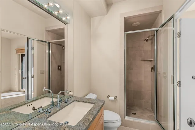 a bathroom with a granite countertop sink toilet and shower
