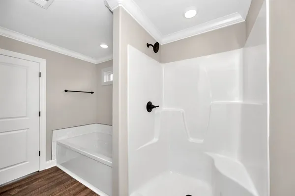 a bathroom with a bathtub and shower