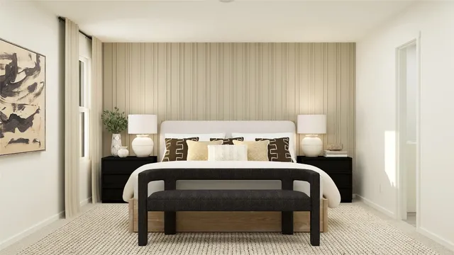 a bedroom with a bed and a table