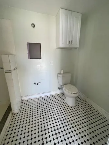 a bathroom with a toilet and a shower