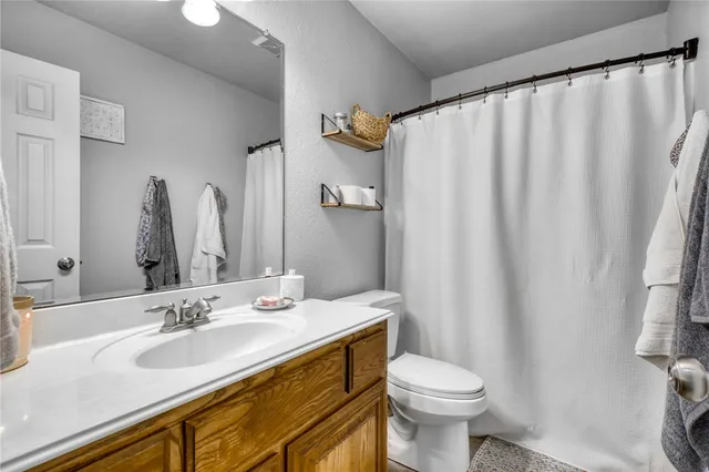 a bathroom with a sink a toilet and shower curtain