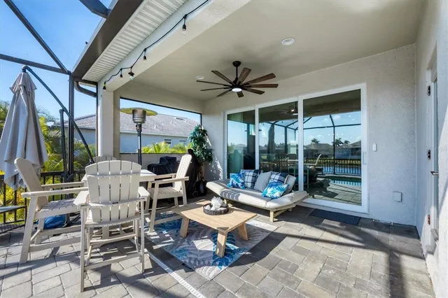 a view of a swimming pool with an ocean view