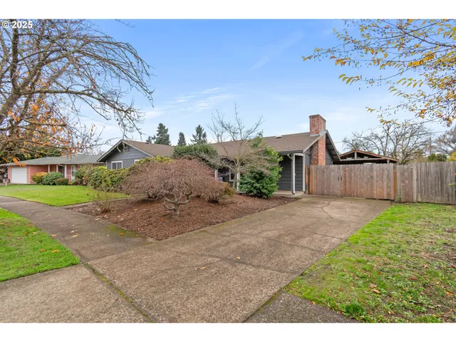 a view of a backyard with large trees