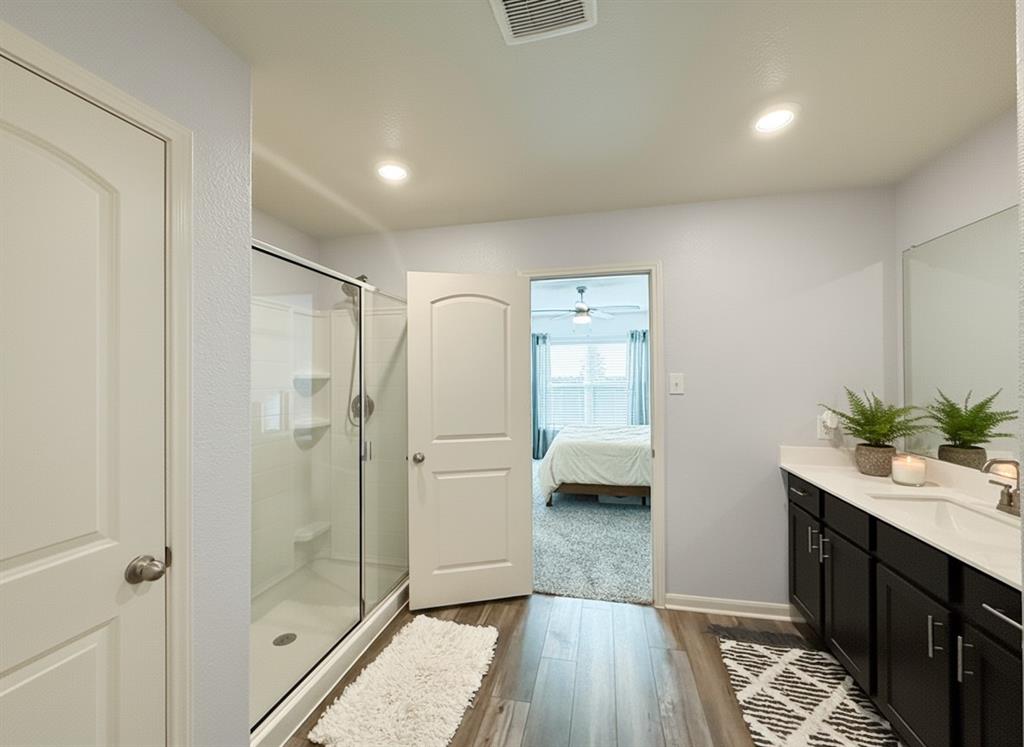 13507 Granite Park Road Ponder, TX 76259 - Photo 15 of 28 a bathroom with a granite countertop sink a mirror and shower