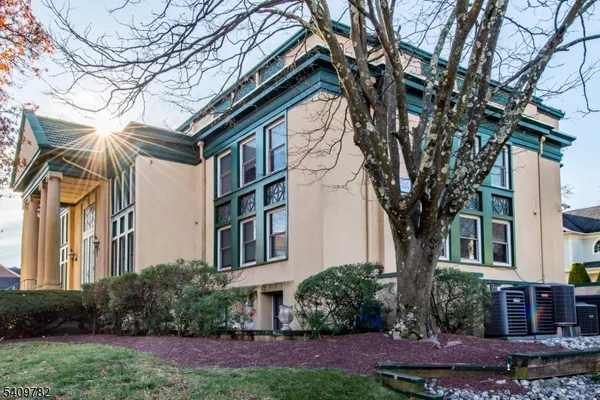 a tree in front of a brick house with a large tree