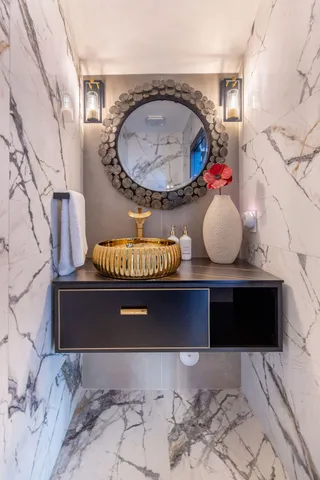 a swimming pool view with a outdoor seating space