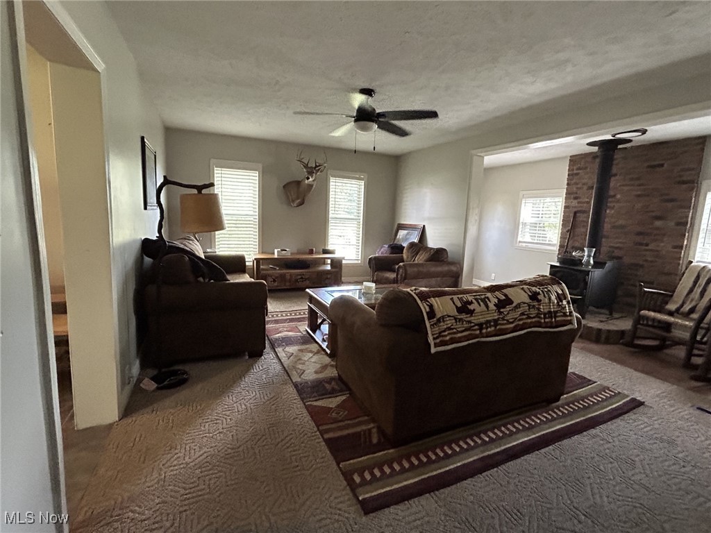 4853 Leon Road Andover, OH 44003 - Photo 7 of 33 Living room with a wood stove, a healthy amount of sunlight, ceiling fan, and carpet floors