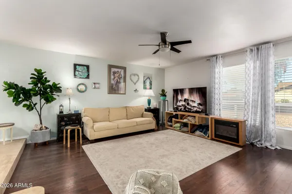 a view of a dining room with furniture
