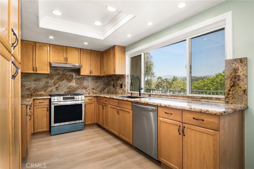 5554 East Vista Del Rio Anaheim, CA 92807 - Photo 18 of 42 a kitchen with stainless steel appliances granite countertop a sink and cabinets