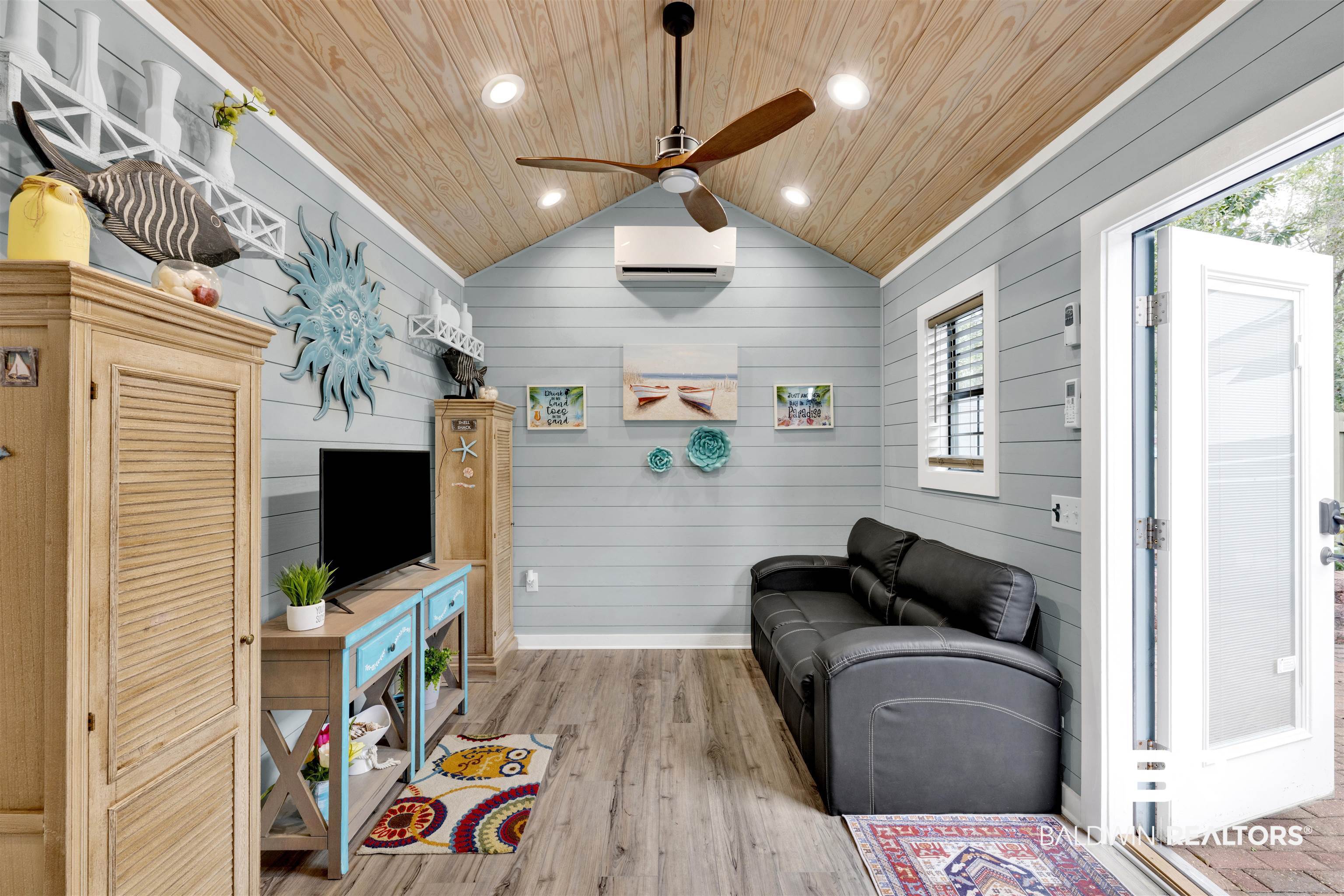 4650 Griffith Marina Road, Unit LOT 24 Orange Beach, AL 36561 - Photo 6 of 34 Living room featuring ceiling fan, wood walls, wood finished floors, wooden ceiling, and recessed lighting
