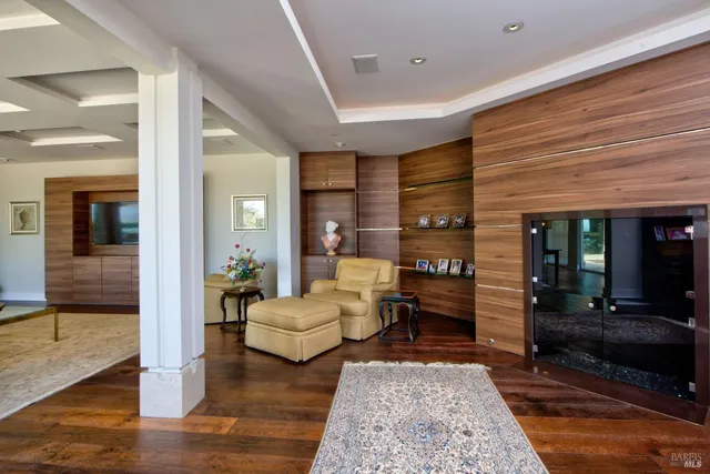 a living room with furniture rug and wooden floor