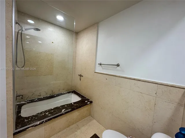 a bathroom with a shower and toilet