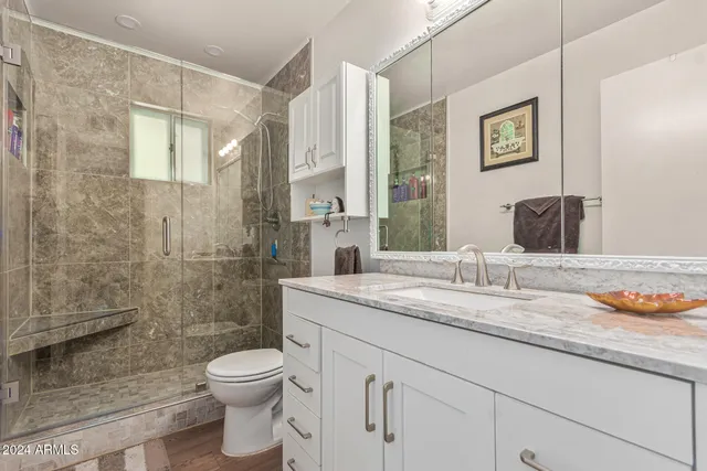 a bathroom with a granite countertop sink a toilet and shower