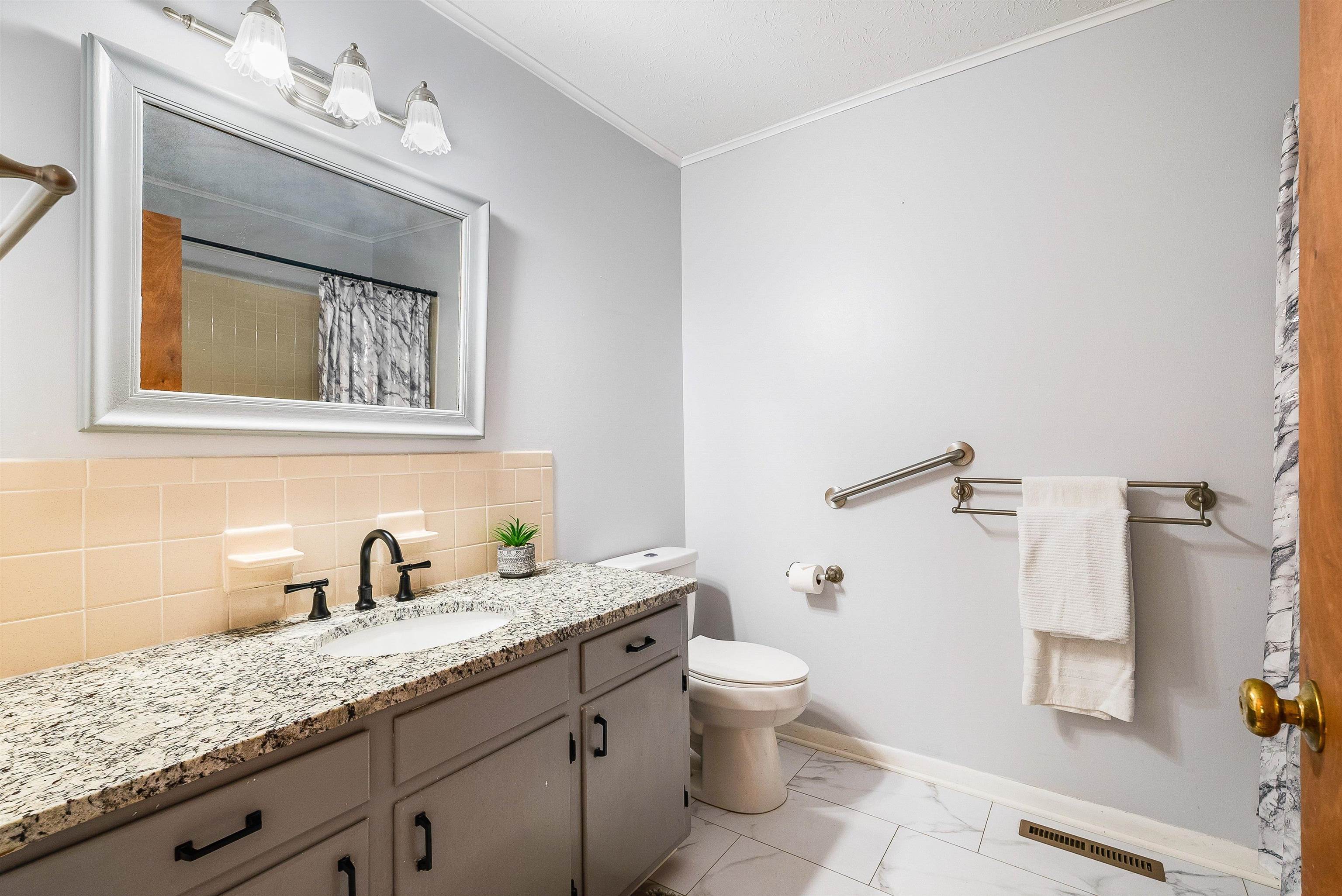 816 Todd Road Mount Sidney, VA 24467 - Photo 36 of 66 a bathroom with a granite countertop sink a toilet and mirror