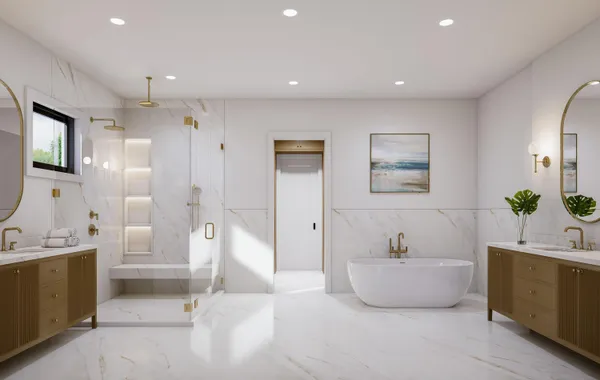a spacious bathroom with a double vanity sink tub and mirror
