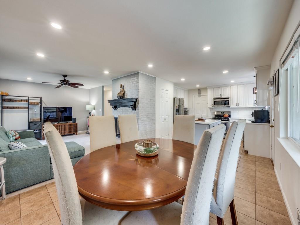 9835 Estate Lane Dallas, TX 75238 - Photo 9 of 25 Dining space with a ceiling fan, light tile patterned flooring, and recessed lighting