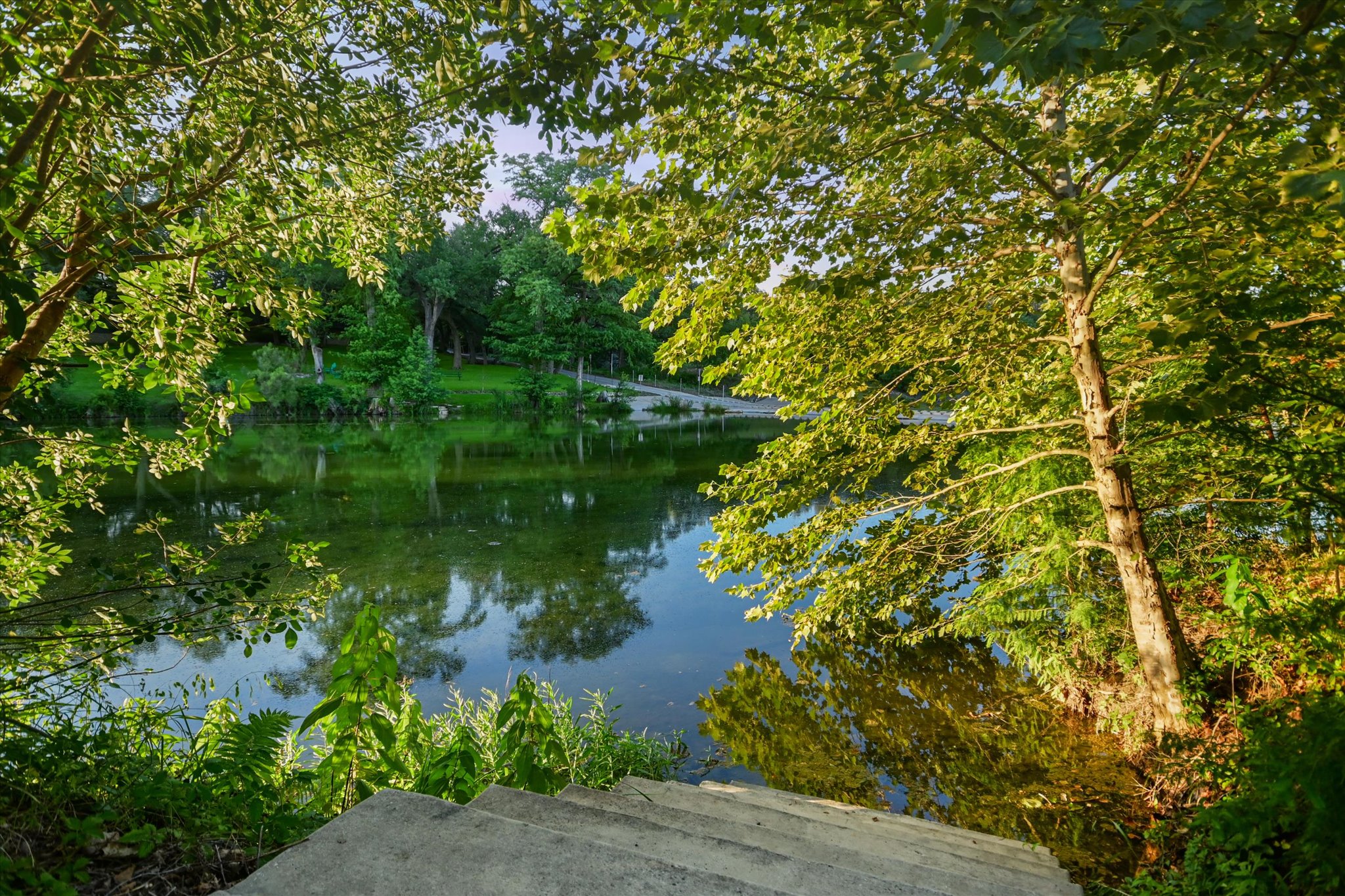 2411 Spoke Hollow Road Wimberley, TX 78676 - Photo 28 of 37 A tranquil lake view from concrete steps, framed by vibrant, sun-dappled foliage.