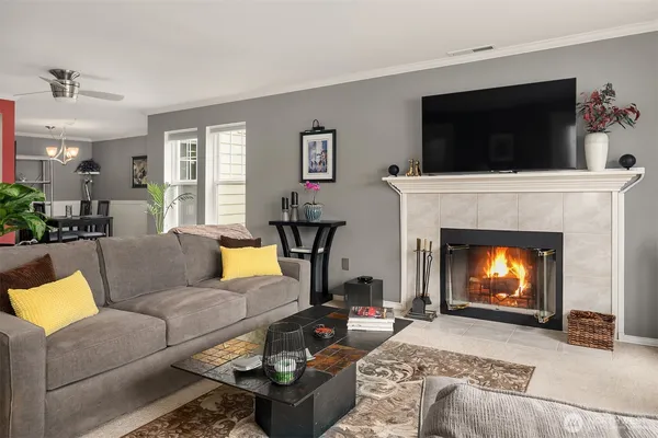 a living room with furniture a fireplace and a flat screen tv