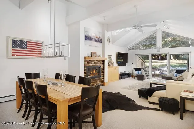 a view of a dining room with furniture