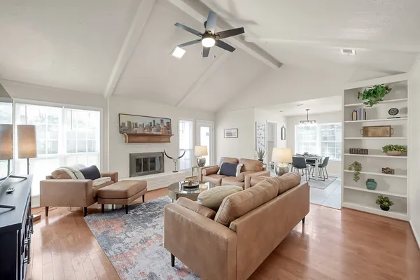a living room with furniture or outdoor view and a large window