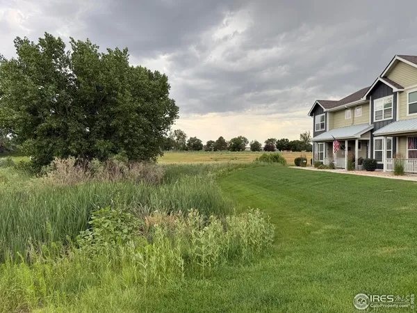 a view of a lake with a big yard and large trees