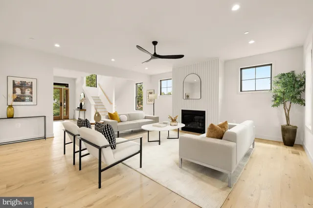 a living room with furniture a fireplace and a potted plant