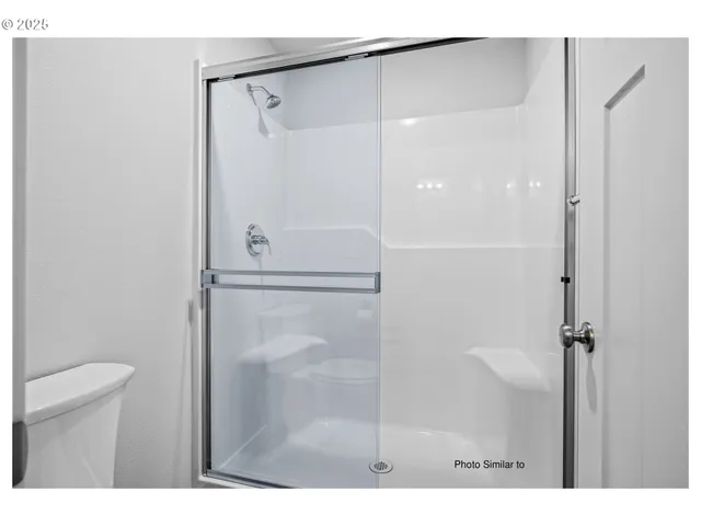 a bathroom with a shower and a toilet