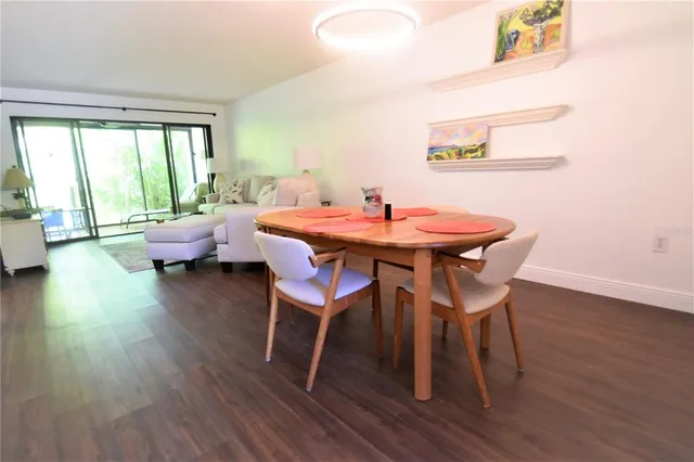 a view of a dining room with furniture and wooden floor