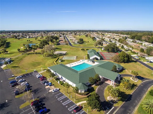an aerial view of a swimming pool