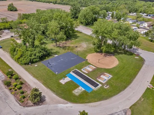 an aerial view of a backyard