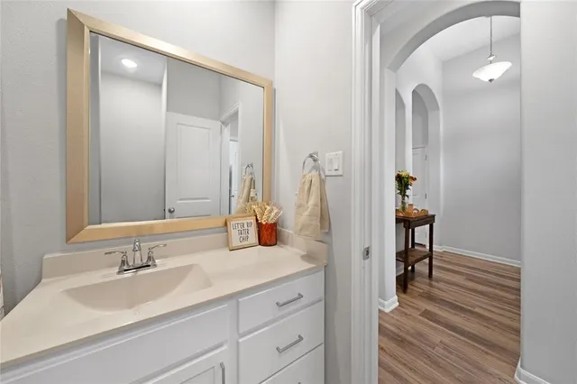 a bathroom with a sink and a mirror