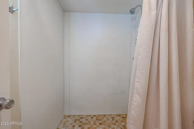 a bathroom with a shower curtain