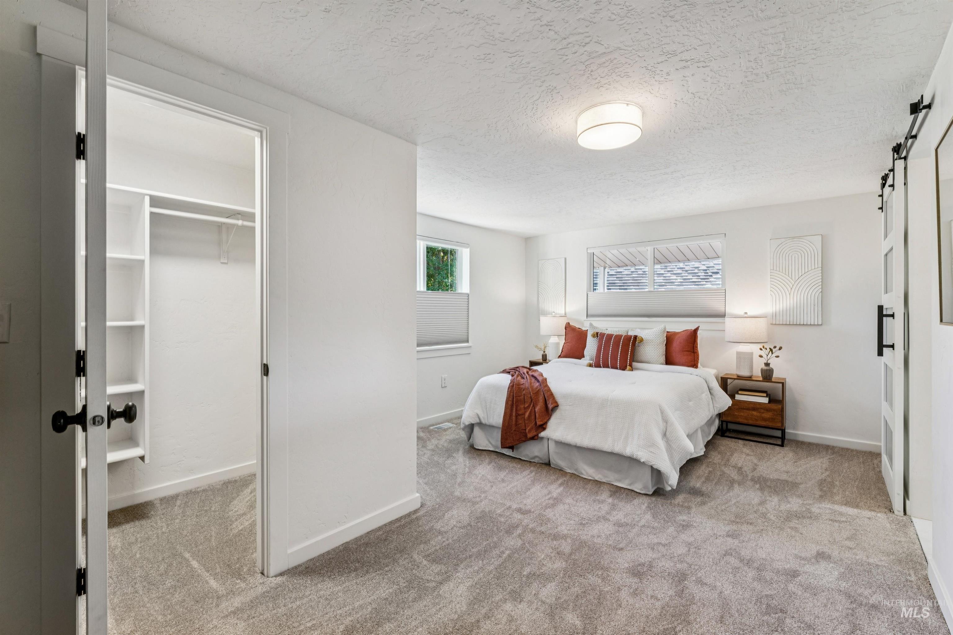 2419 West Hill Road Boise, ID 83702 - Photo 16 of 50 Primary suite with a barn door, light colored carpet, a textured ceiling, and a spacious closet