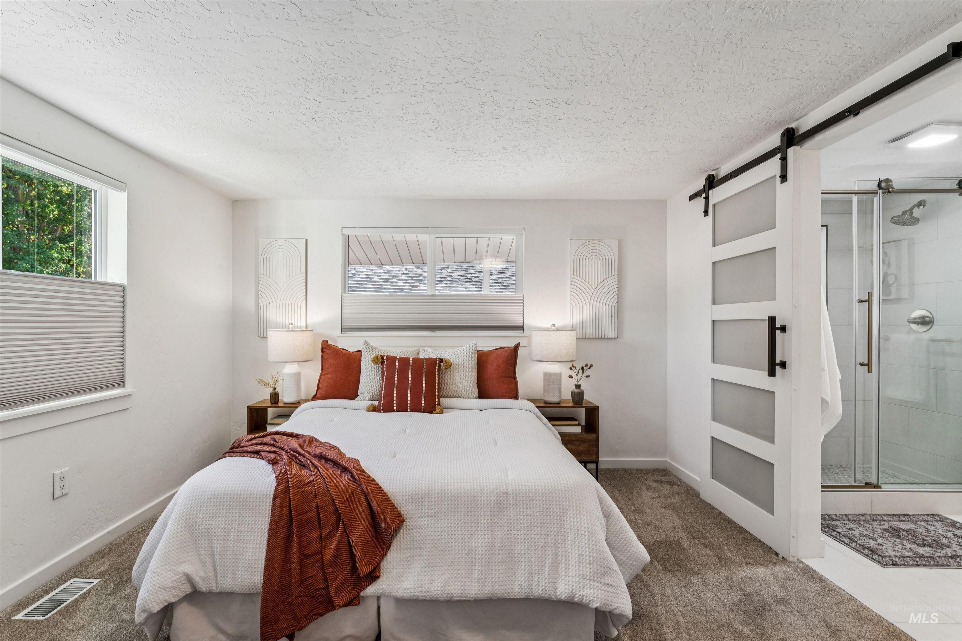 2419 West Hill Road Boise, ID 83702 - Photo 17 of 50 Carpeted primary suite with a barn door and a textured ceiling